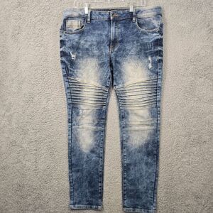 Southpole Men's Moto Skinny Jeans Blue Distressed Acid Wash Size 36x32